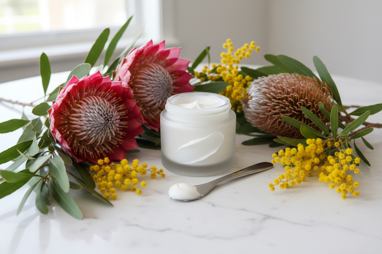 Native Australian botanicals beside Skin Theorie moisturiser — Kakadu plum, quandong and other native actives