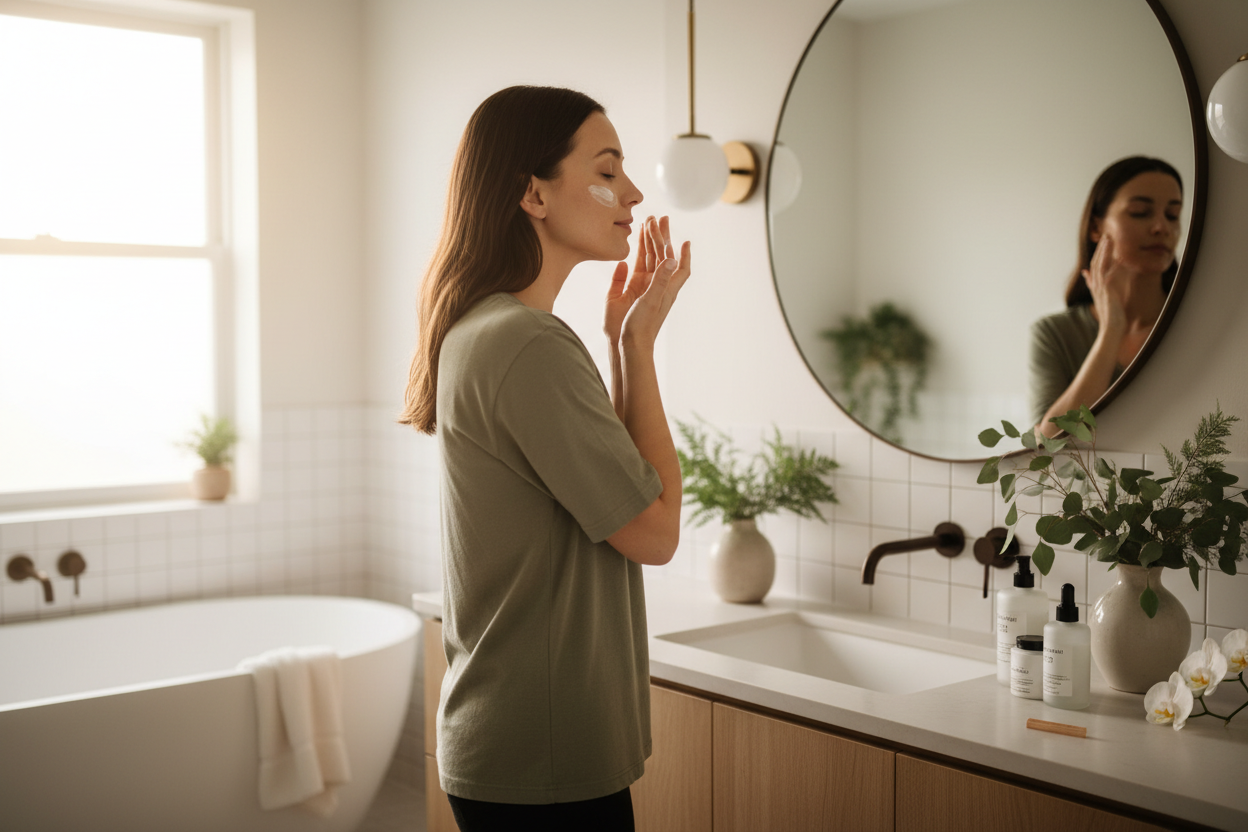 A woman in a quiet bathroom applying moisturiser with care — a realistic self-care ritual for busy days